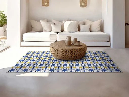Tapijt Van Vinyl Met Cementtegeleffect - 120 X 180 Cm - Blauw En Geel - Florili