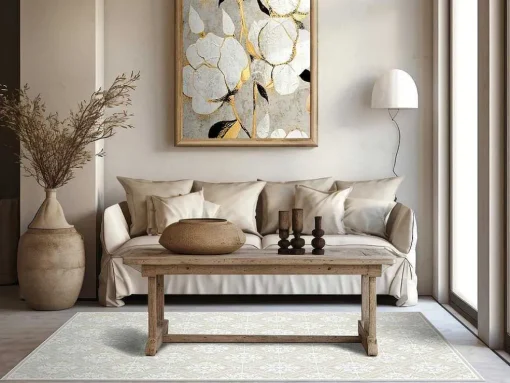 Tapijt Van Vinyl Met Cementtegeleffect - 120 X 180 Cm - Beige En Wit - Majesti