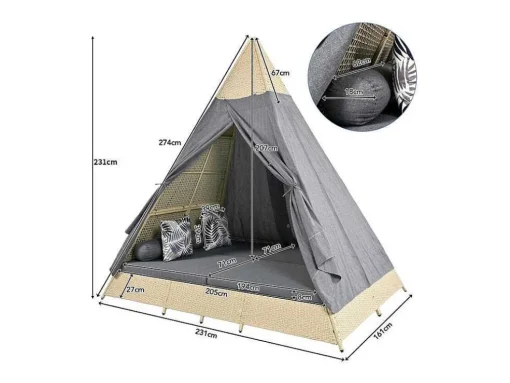 Tuinbed - Rotan Tent Voor 2 Personen - Met Gordijn En Kussens - Beige