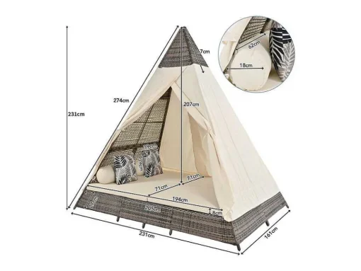 Tuinbed - Rotan Tent Voor 2 Personen - Met Gordijn En Kussens - Grijs