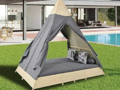 Tuinbed - Rotan Tent Voor 2 Personen - Met Gordijn En Kussens - Beige