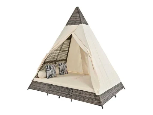 Tuinbed - Rotan Tent Voor 2 Personen - Met Gordijn En Kussens - Grijs