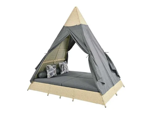 Tuinbed - Rotan Tent Voor 2 Personen - Met Gordijn En Kussens - Beige