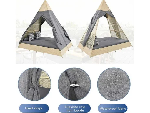 Tuinbed - Rotan Tent Voor 2 Personen - Met Gordijn En Kussens - Beige
