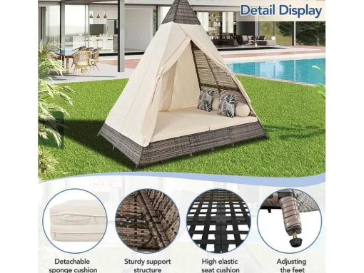 Tuinbed - Rotan Tent Voor 2 Personen - Met Gordijn En Kussens - Grijs