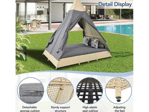 Tuinbed - Rotan Tent Voor 2 Personen - Met Gordijn En Kussens - Beige