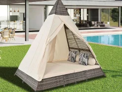 Tuinbed - Rotan Tent Voor 2 Personen - Met Gordijn En Kussens - Grijs