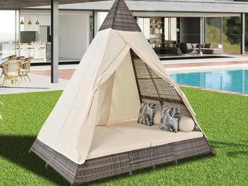 Tuinbed - Rotan Tent Voor 2 Personen - Met Gordijn En Kussens - Grijs