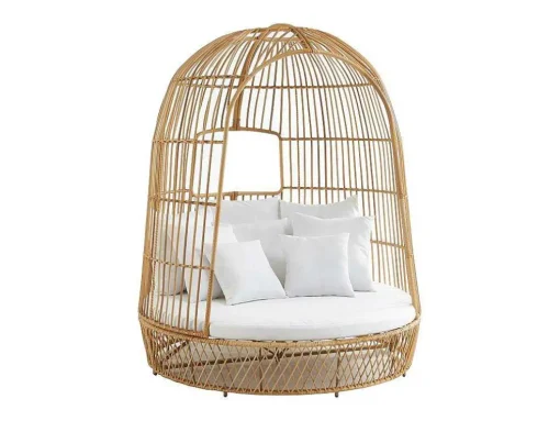 Tuinbed Met Baldakijn Van Gevlochten Hars - Licht Naturel Met Wit Kussen - Cervaro Van Mylia