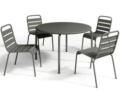 Tuineethoek Van Metaal - Een Tafel D110 Cm En 4 Opstapelbare Stoelen - Donkergrijs - Mirmande