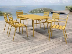 Tuineethoek Van Metaal - Een Tafel D160 Cm Met 2 Opstapelbare Fauteuils En 4 Opstapelbare Stoelen - Mosterdgeel - Mirmande Van Mylia
