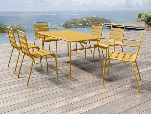 Tuineethoek Van Metaal - Een Tafel D160 Cm Met 2 Opstapelbare Fauteuils En 4 Opstapelbare Stoelen - Mosterdgeel - Mirmande Van Mylia