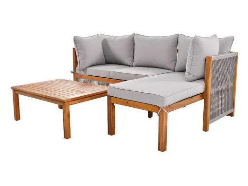 Tuinmeubelen In Acaciahout En Grijs Touw - 2 Zitbanken En 1 Salontafel - Verstelbare Poten - Grijs & Naturel