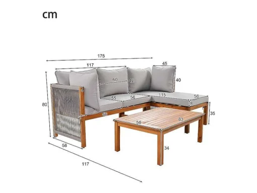 Tuinmeubelen In Acaciahout En Grijs Touw - 2 Zitbanken En 1 Salontafel - Verstelbare Poten - Grijs & Naturel