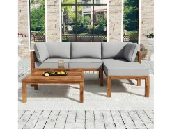Tuinmeubelen In Acaciahout En Grijs Touw - 2 Zitbanken En 1 Salontafel - Verstelbare Poten - Grijs & Naturel