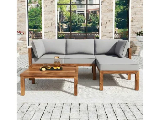 Tuinmeubelen In Acaciahout En Grijs Touw - 2 Zitbanken En 1 Salontafel - Verstelbare Poten - Grijs & Naturel