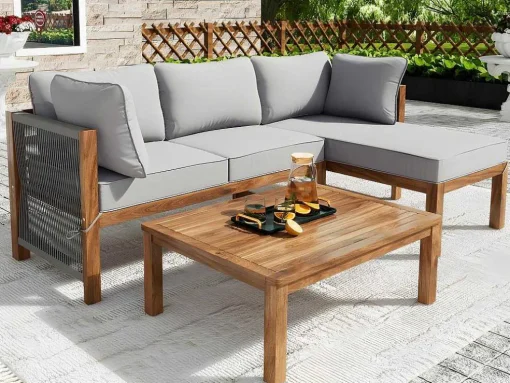 Tuinmeubelen In Acaciahout En Grijs Touw - 2 Zitbanken En 1 Salontafel - Verstelbare Poten - Grijs & Naturel