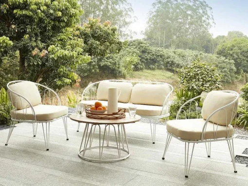 Tuinzithoek Van Metaal: 1 Tweezitsbank, 2 Fauteuils En 1 Salontafel - Wit - Arlesan