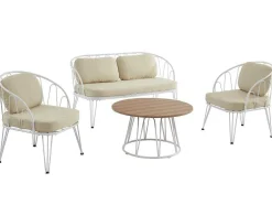 Tuinzithoek Van Metaal: 1 Tweezitsbank, 2 Fauteuils En 1 Salontafel - Wit - Arlesan