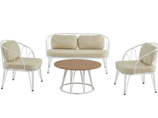 Tuinzithoek Van Metaal: 1 Tweezitsbank, 2 Fauteuils En 1 Salontafel - Wit - Arlesan