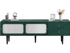 Tv-Meubel 160 Cm - 2 Rotan Schuifdeuren En 2 Lades - Groen