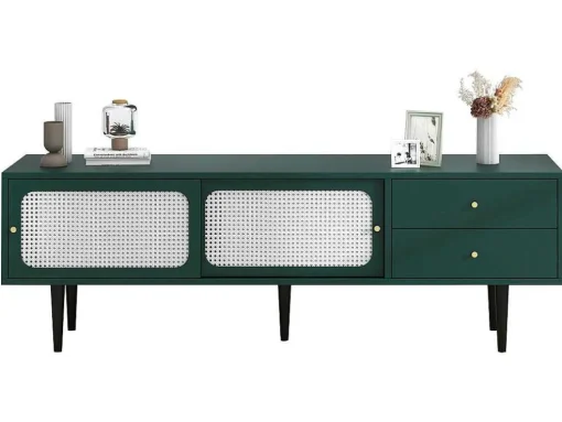Tv-Meubel 160 Cm - 2 Rotan Schuifdeuren En 2 Lades - Groen
