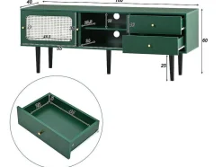 Tv-Meubel 160 Cm - 2 Rotan Schuifdeuren En 2 Lades - Groen
