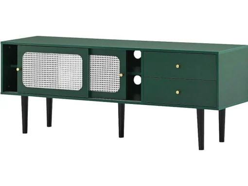 Tv-Meubel 160 Cm - 2 Rotan Schuifdeuren En 2 Lades - Groen