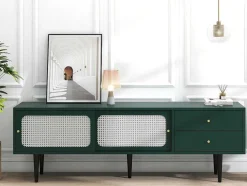 Tv-Meubel 160 Cm - 2 Rotan Schuifdeuren En 2 Lades - Groen