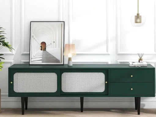 Tv-Meubel 160 Cm - 2 Rotan Schuifdeuren En 2 Lades - Groen
