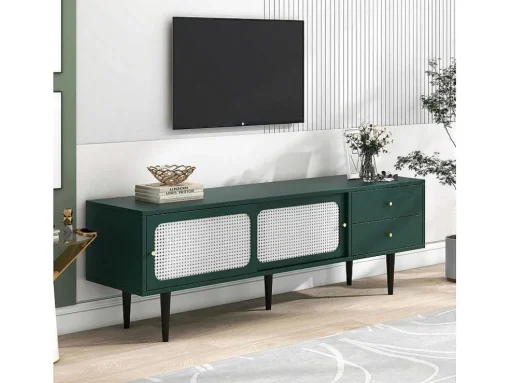 Tv-Meubel 160 Cm - 2 Rotan Schuifdeuren En 2 Lades - Groen