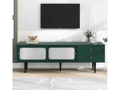 Tv-Meubel 160 Cm - 2 Rotan Schuifdeuren En 2 Lades - Groen