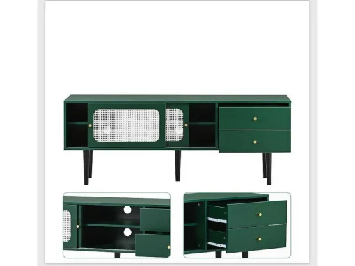Tv-Meubel 160 Cm - 2 Rotan Schuifdeuren En 2 Lades - Groen