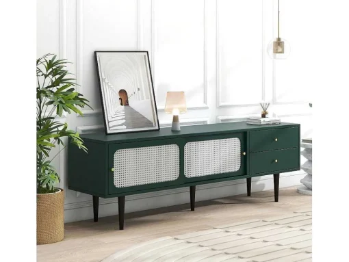 Tv-Meubel 160 Cm - 2 Rotan Schuifdeuren En 2 Lades - Groen