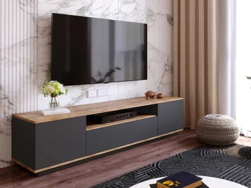 Tv-Meubel Met 3 Deuren En 1 Nis - Antraciet En Naturel - Lotula