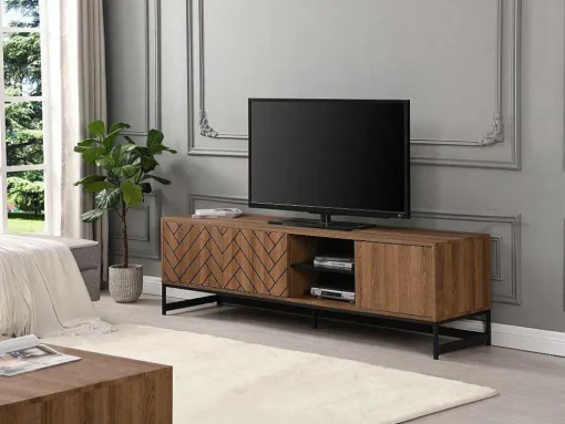 Tv-Meubel Met 3 Deuren En 2 Nissen - Mdf - Naturel En Zwart - Caratana