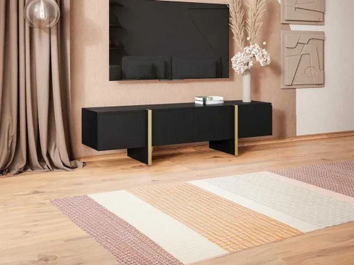 Tv-Meubel Met 4 Deuren Van Mdf - Zwart En Goud - Luvonia