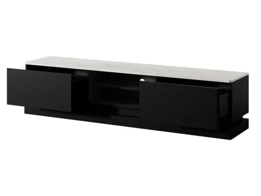 Tv-Meubel Met 2 Lades En 2 Nissen Met Ledverlichting Van Mdf - Zwart Met Wit Marmereffect - Devika - Van Pascal Morabito