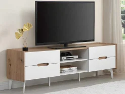 Tv-Meubel Met 4 Lades En 2 Nissen - Mdf & Metaal - Witgelakt & Naturelkleur - Cayana