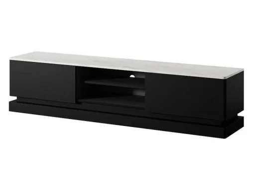 Tv-Meubel Met 2 Lades En 2 Nissen Met Ledverlichting Van Mdf - Zwart Met Wit Marmereffect - Devika - Van Pascal Morabito