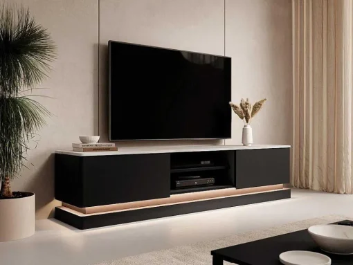 Tv-Meubel Met 2 Lades En 2 Nissen Met Ledverlichting Van Mdf - Zwart Met Wit Marmereffect - Devika - Van Pascal Morabito