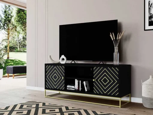 Tv-Meubel Prismin - 2 Deuren En 2 Laden - Mango En Metaal - Zwart