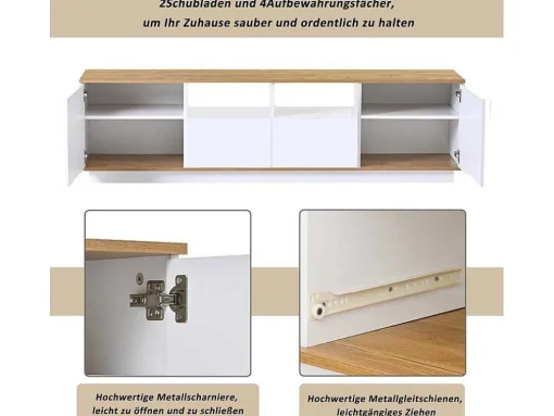 Tv-Meubel Van 180 Cm Met Led - 2 Laden En 2 Open Planken - Eigentijdse Scandinavische Stijl - Wit