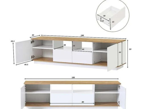 Tv-Meubel Van 180 Cm Met Led - 2 Laden En 2 Open Planken - Eigentijdse Scandinavische Stijl - Wit