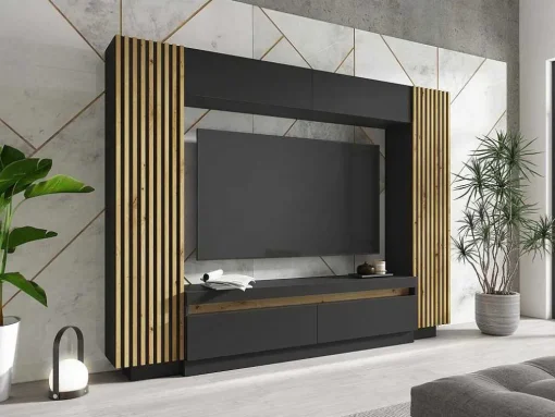 Tv-Wand Met Opbergruimte - Ledverlichting - Zwart En Naturel - Lionea