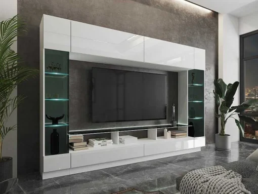 Tv-Wand Met Opbergruimte En Ledverlichting Van Gerookt Gehard Glas - Wit Gelakt - Briano