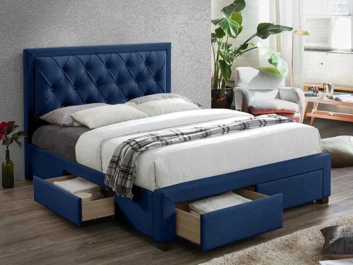 Tweepersoons Bed Met Laden En Opbergruimte - Blauw Fluweel - 160 X 200 Cm - Leopold