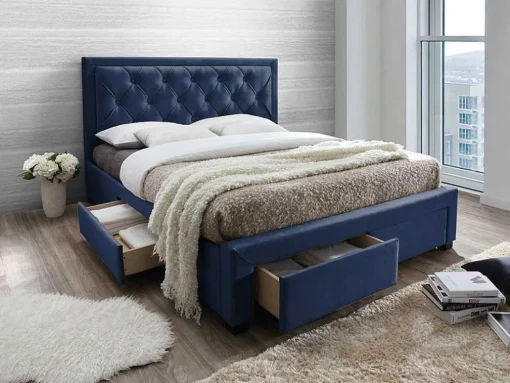 Tweepersoons Bed Met Laden En Opbergruimte - Blauw Fluweel - 160 X 200 Cm - Leopold