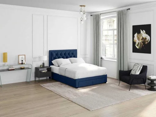 Tweepersoons Bed Met Laden En Opbergruimte - Blauw Fluweel - 160 X 200 Cm - Leopold