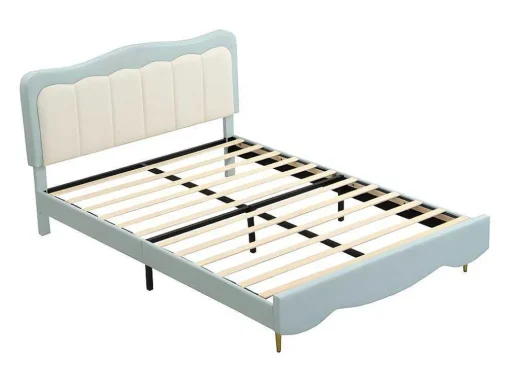 Tweepersoons Kinderbed 140X200Cm In Kunstleer - Met Lattenbodem - Amandelgroen (Matras Niet Inbegrepen)